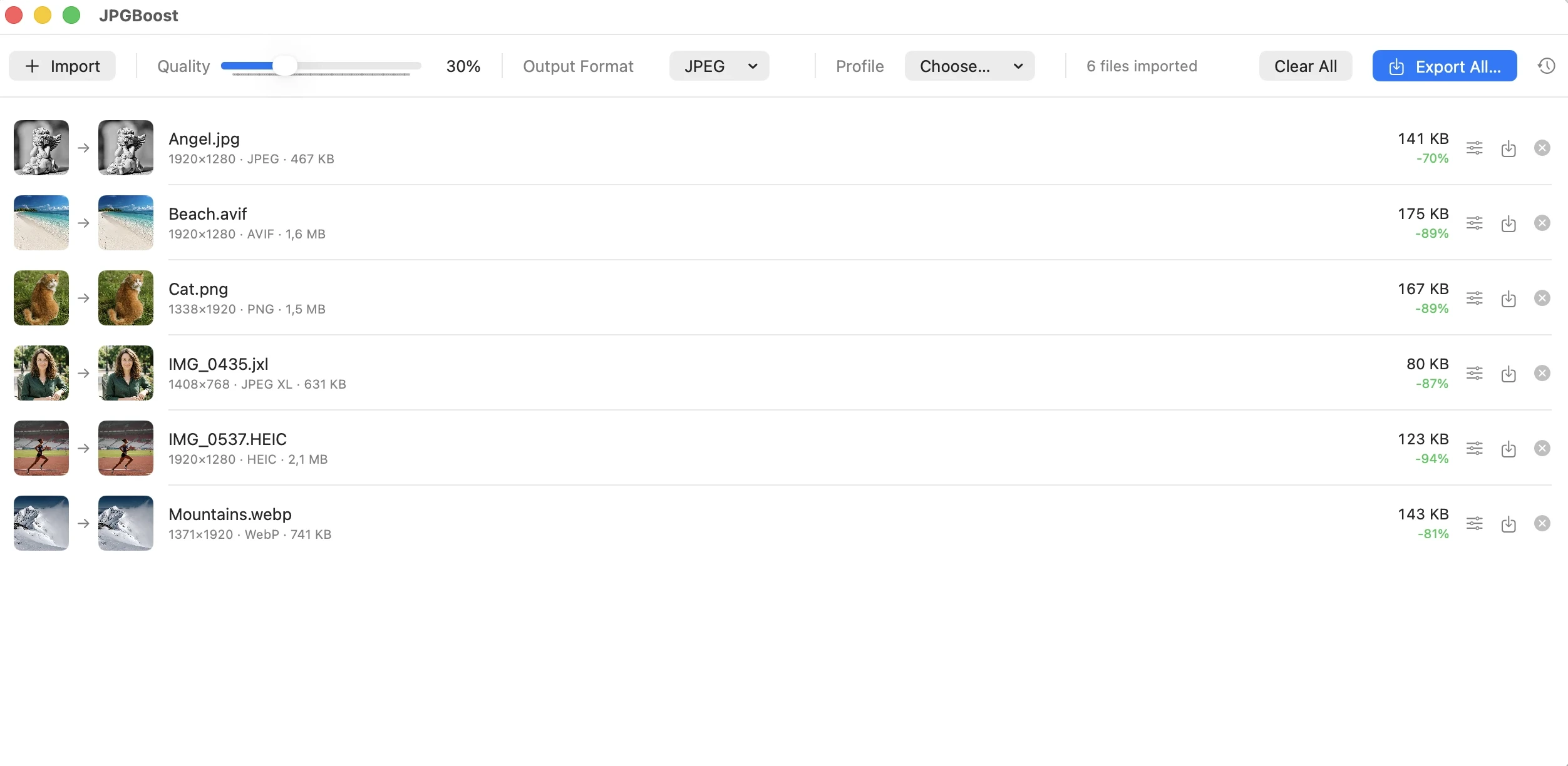 Screenshot of JPGBoost: a list of 6 imported images (JPEG, AVIF, PNG, JPEG XL, HEIC, WebP) with their original size, compressed size, and percentage saved