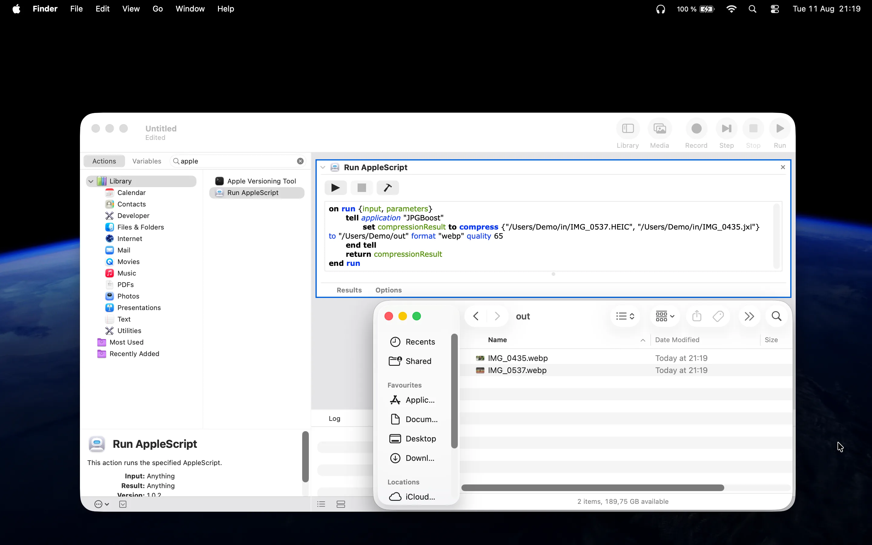 Run AppleScript 액션에 tell application JPGBoost 블록이 들어 있어 이미지 두 장을 화질 65의 WebP로 변환하는 Automator 창과, 생성된 .webp 파일 두 개를 보여주는 Finder 창