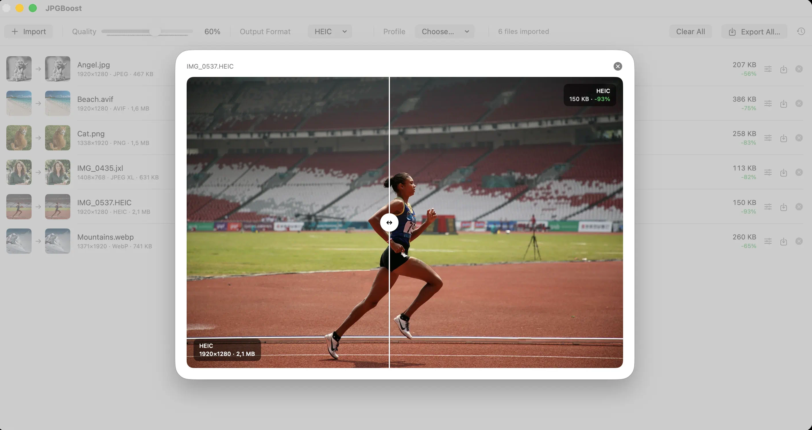 Screenshot of JPGBoost: main window with 6 imported images, and the before/after comparator open on a photo of a track runner, with the 2.1 MB HEIC original on the left and the compressed 150 KB version (-93%) on the right