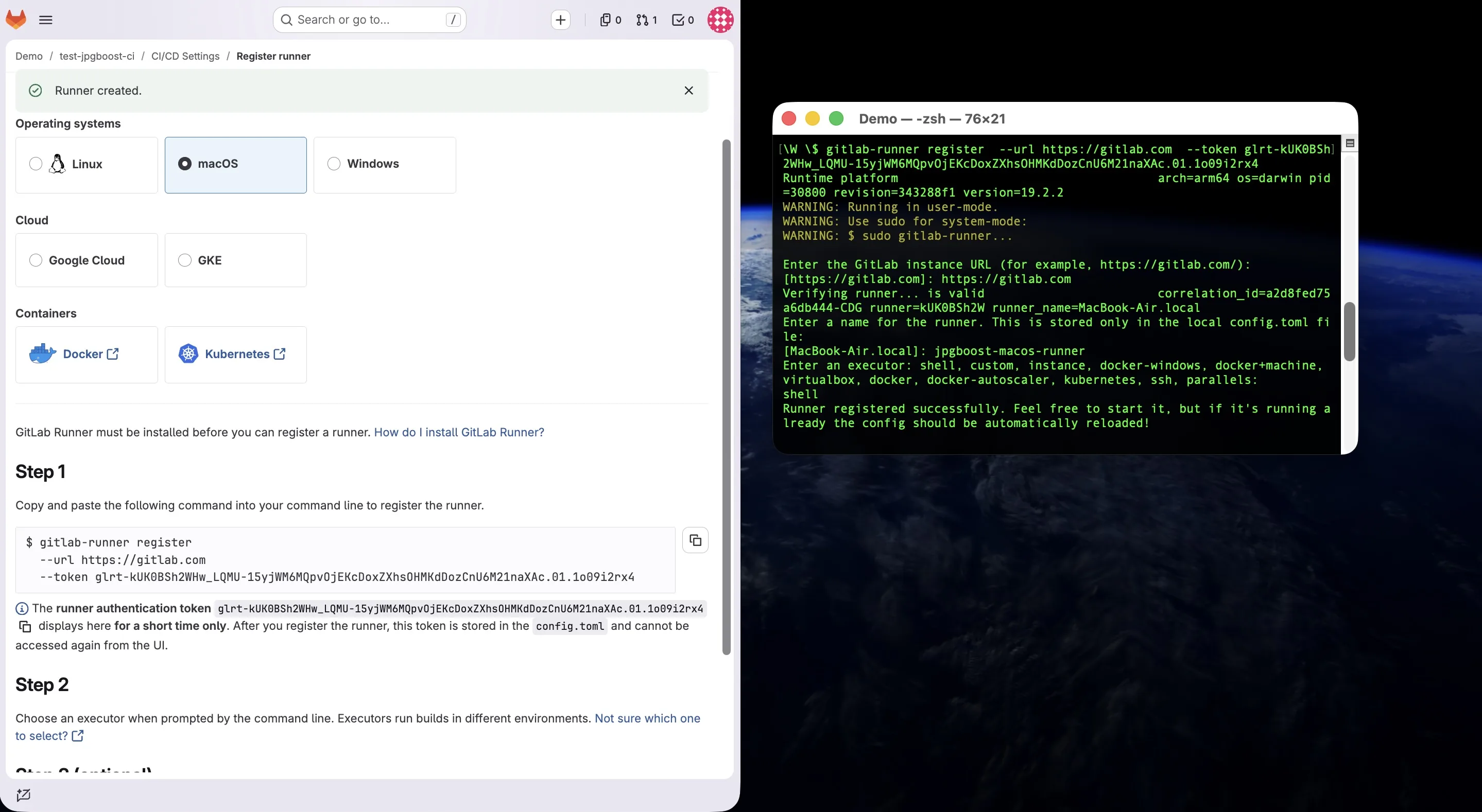 GitLab का Register runner पेज और उसके बगल में gitlab-runner register चलाता हुआ टर्मिनल, जो रनर का नाम और एग्ज़ीक्यूटर इंटरैक्टिव तरीक़े से पूछ रहा है, shell लिखा हुआ है