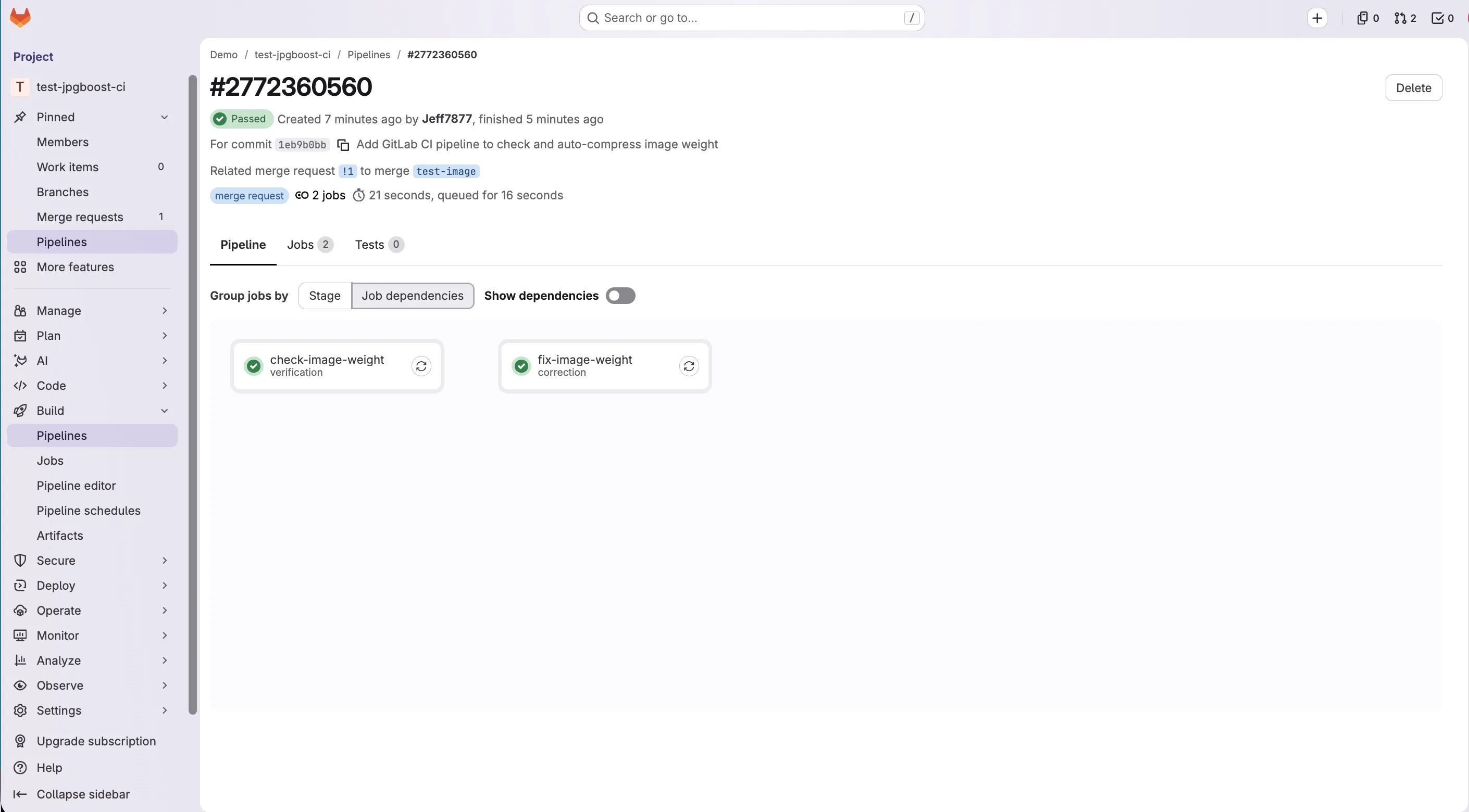Passed स्थिति वाला GitLab पाइपलाइन पेज, जिसमें check-image-weight और fix-image-weight दोनों जॉब सफल हैं