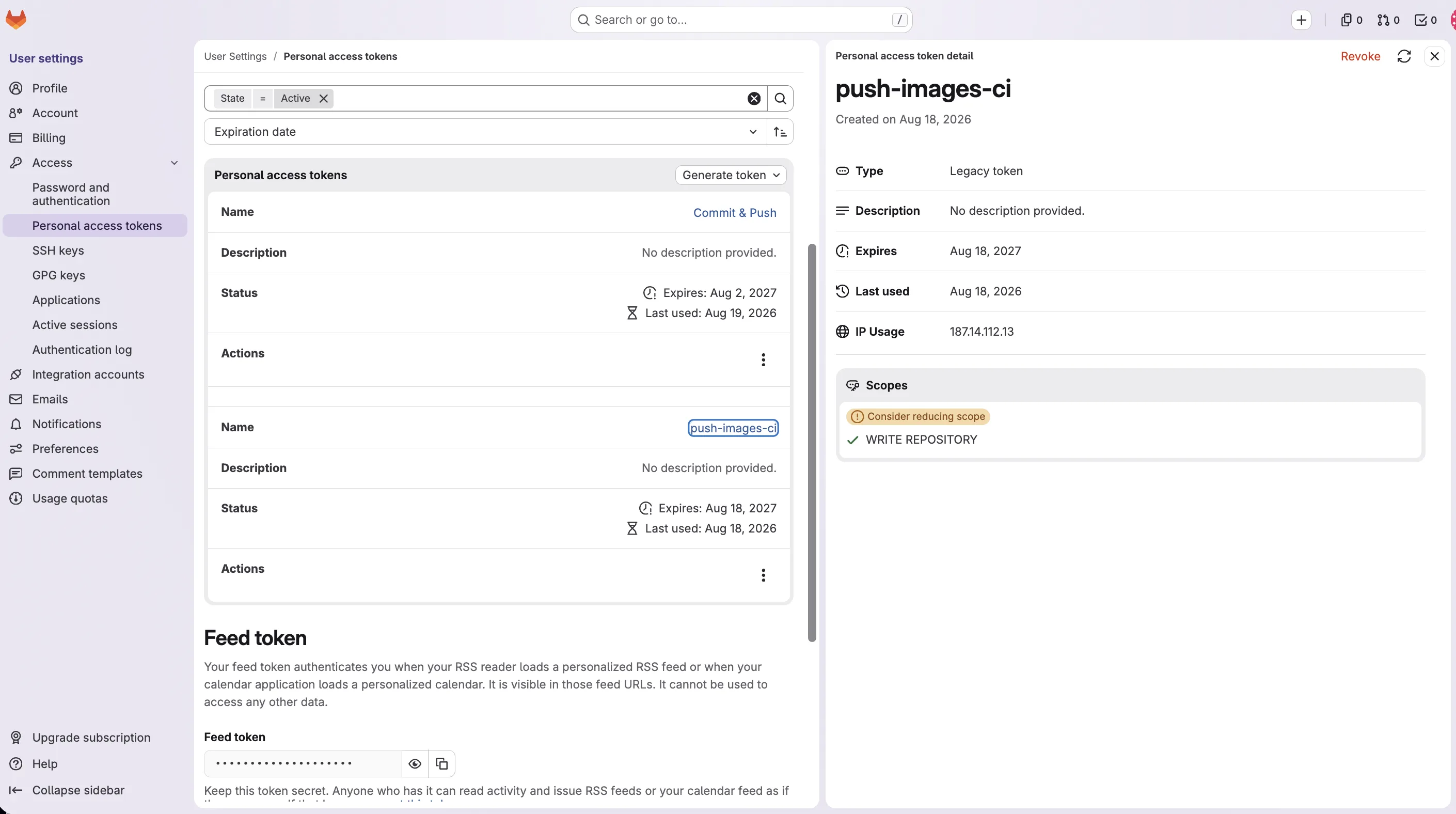 GitLab का Personal access tokens पेज, जिसमें push-images-ci नाम का टोकन Write repository स्कोप और एक साल की समाप्ति के साथ बनाया जा रहा है