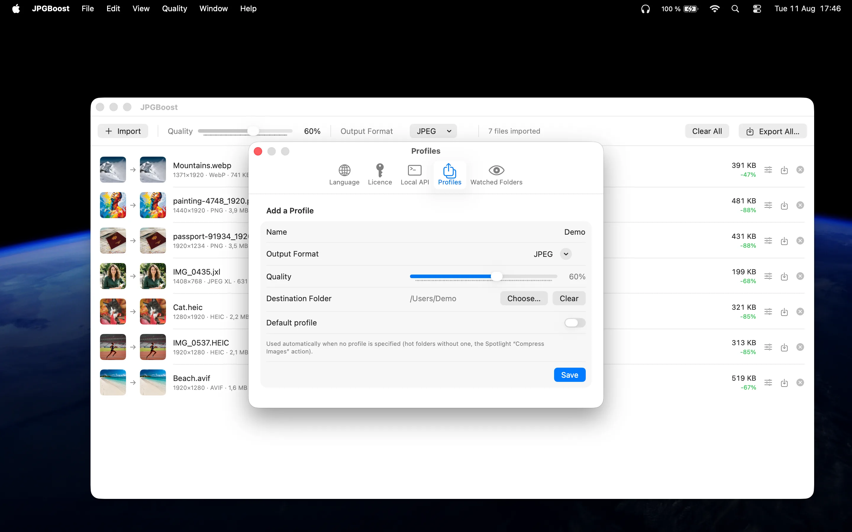 JPGBoostの設定ウインドウのプロファイルタブ。名前、出力フォーマット、品質、書き出し先フォルダ、デフォルトプロファイルの各項目と保存ボタンを備えたプロファイル追加フォームが表示されている
