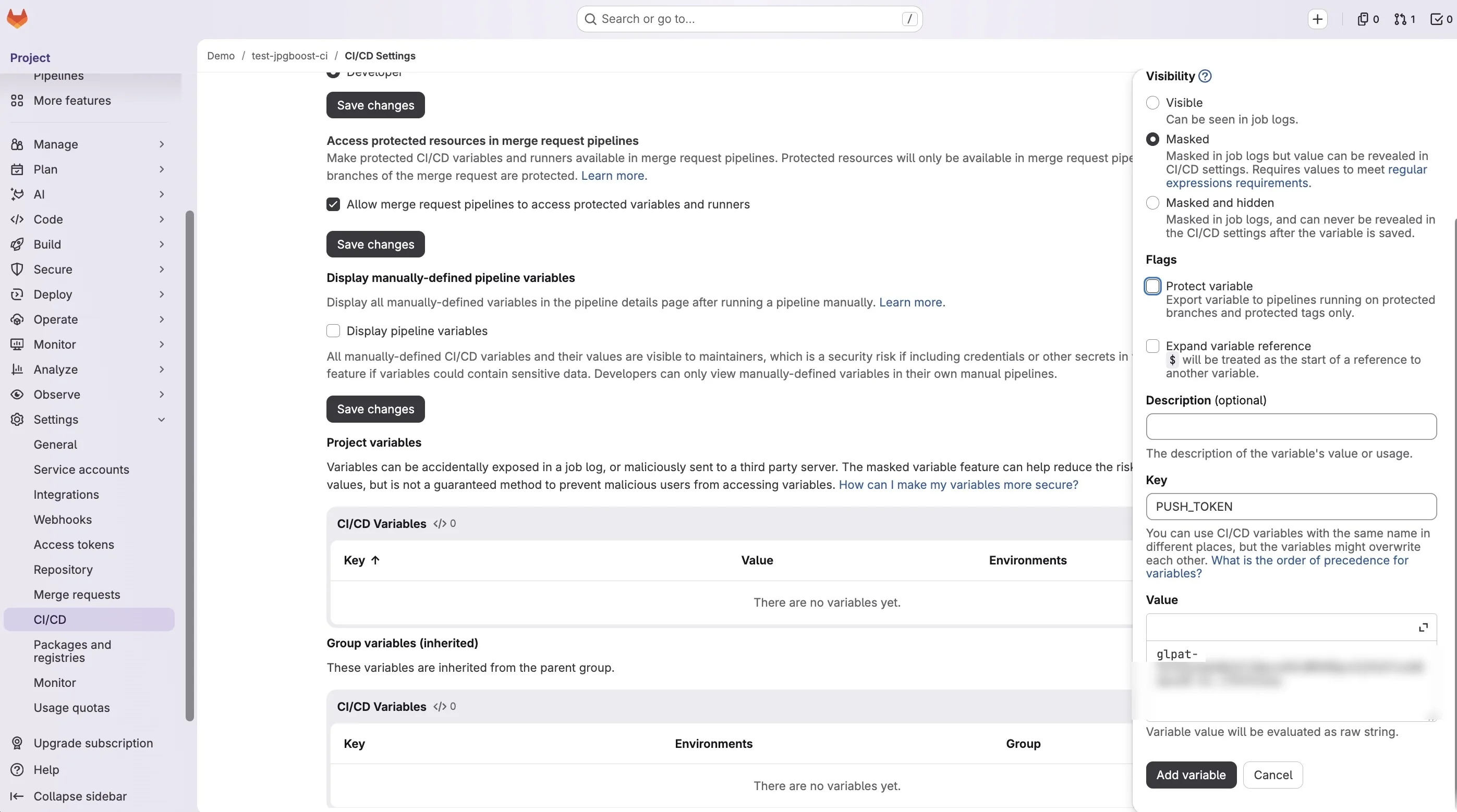 GitLab का CI/CD Settings पेज, प्रोजेक्ट वेरिएबल जोड़ने वाले पैनल में की PUSH_TOKEN है, Masked विकल्प चुना है और मान छिपा हुआ है